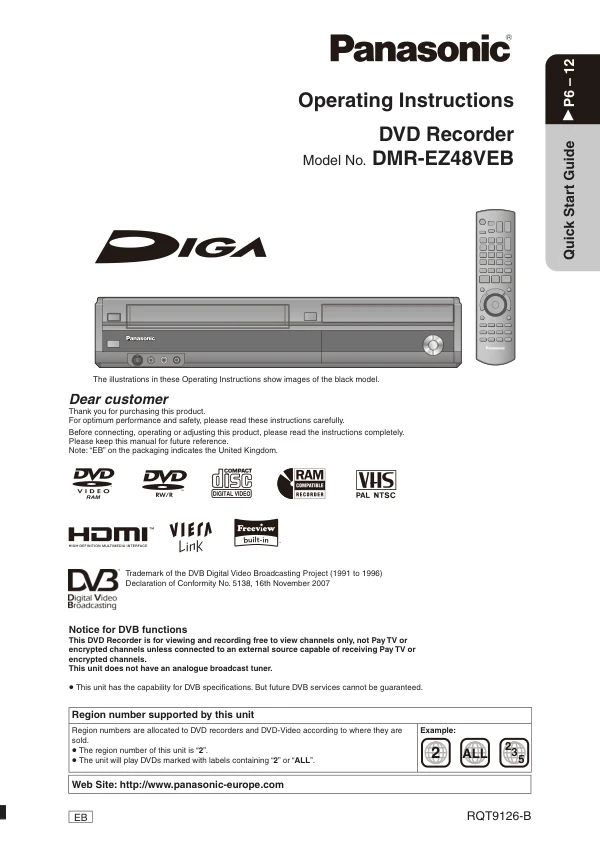 Cover of the Panasonic DMR-EZ48 UK operating instructions