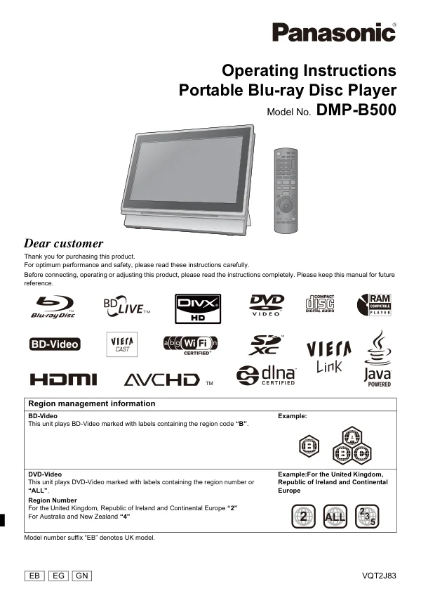 Cover of the Panasonic DMP-B500 UK operating instructions