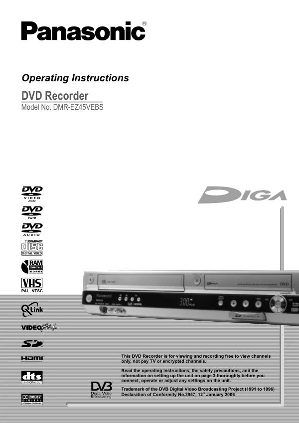 Cover of the Panasonic DMR-EZ45 UK operating instructions
