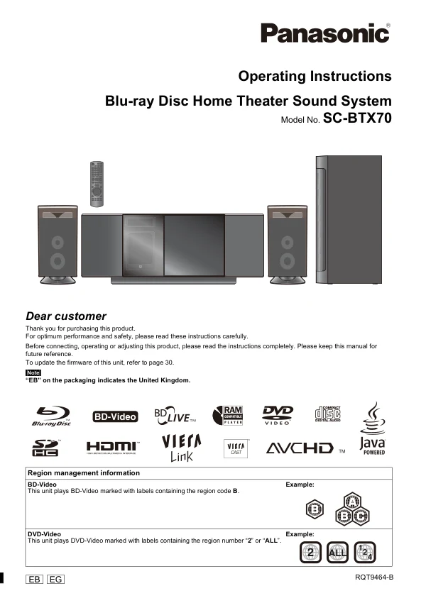 Cover of the Panasonic SA-BTX70 UK operating instructions
