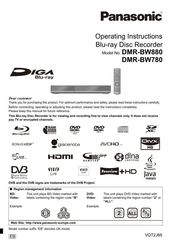 Cover of the Panasonic DMR-BW880 UK operating instructions