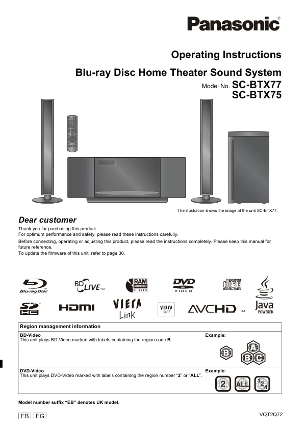 Cover of the Panasonic SC-BTX75 UK operating instructions