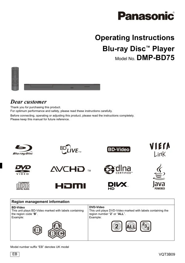 Cover of the Panasonic DMP-BD75 UK operating instructions