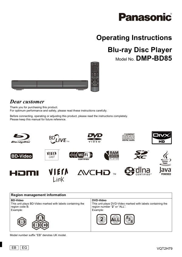 Cover of the Panasonic DMP-BD85 UK operating instructions