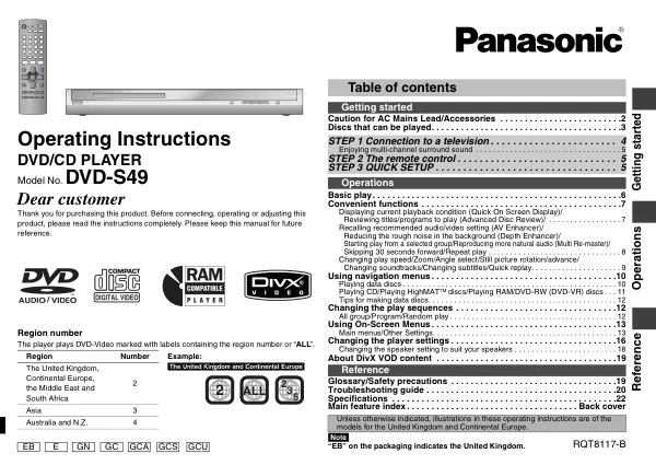 Cover of the Panasonic DVD-S49 UK operating instructions