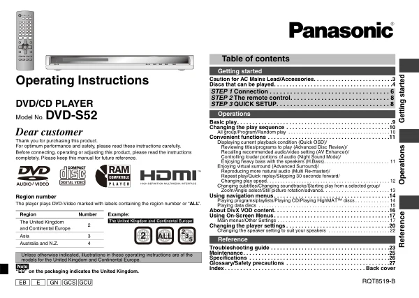 Cover of the Panasonic DVD-S52 UK operating instructions
