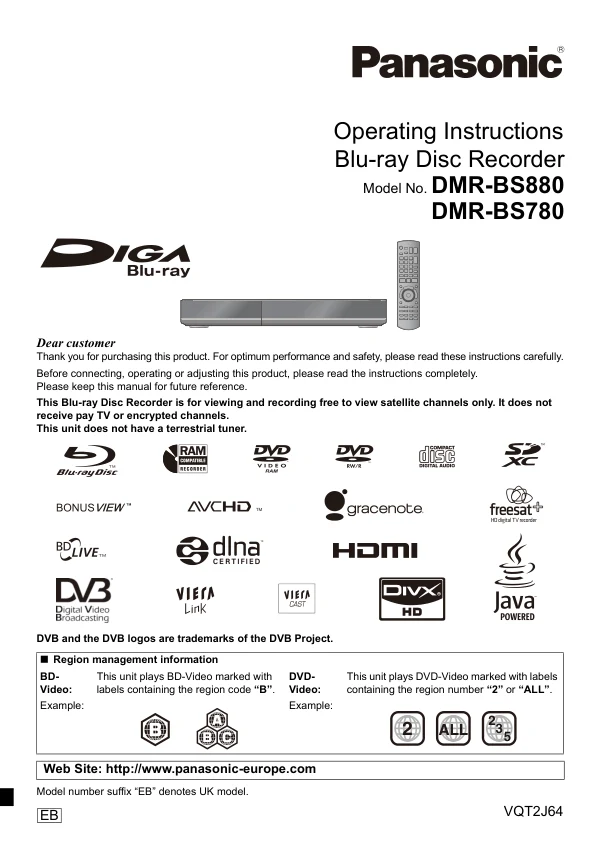 Cover of the Panasonic DMR-BS780 UK operating instructions