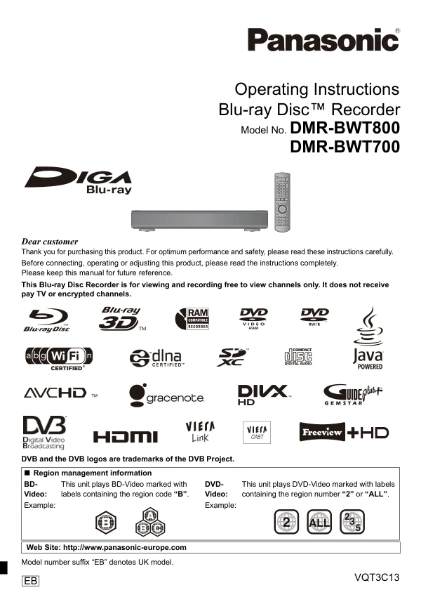Cover of the Panasonic DMR-BWT800 UK operating instructions