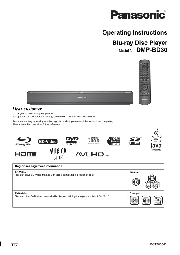 Cover of the Panasonic DMP-BD30 UK operating instructions