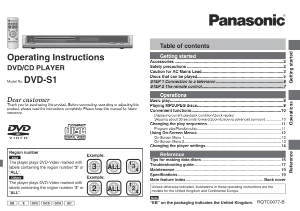 Cover of the Panasonic DVD-S1 UK operating instructions