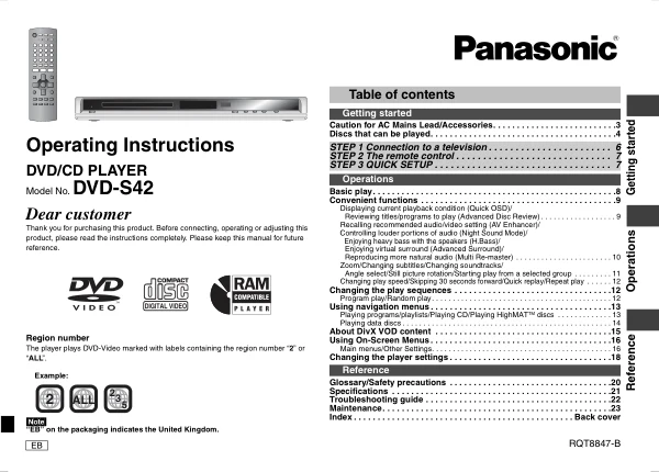 Cover of the Panasonic DVD-S42 UK operating instructions