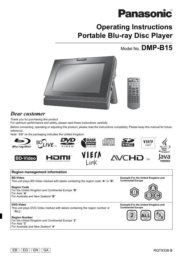 Cover of the Panasonic DMP-B15 UK operating instructions