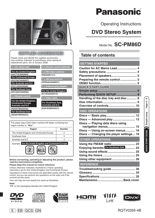 Cover of the Panasonic SC-PM86 UK operating instructions