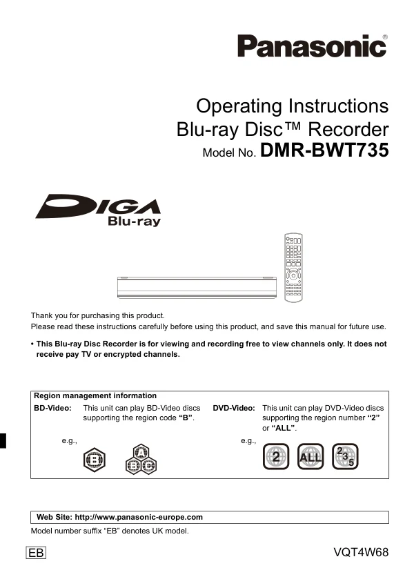 Cover of the Panasonic DMR-BWT735 UK operating instructions