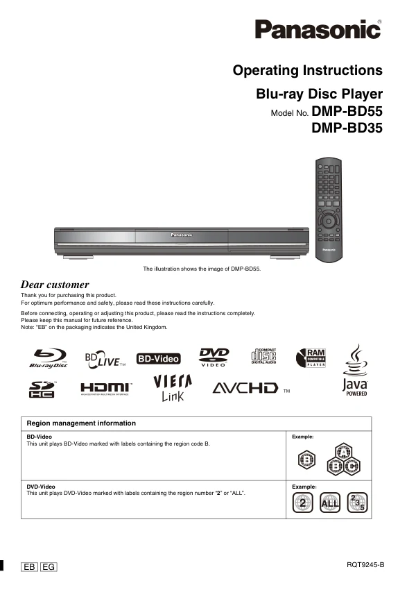 Cover of the Panasonic DMP-BD55 UK operating instructions