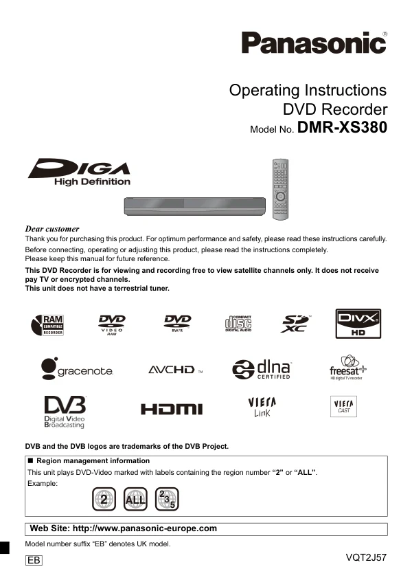 Cover of the Panasonic DMR-XS380 UK operating instructions