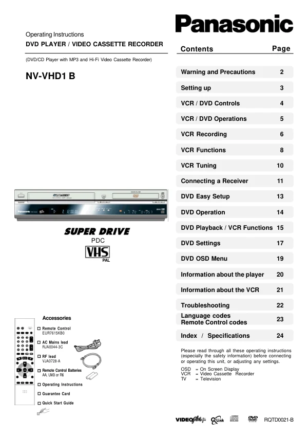 Cover of the Panasonic NV-VHD1 UK operating instructions