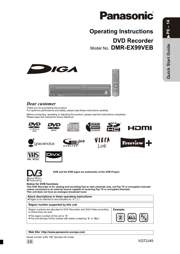 Cover of the Panasonic DMR-EX99 UK operating instructions