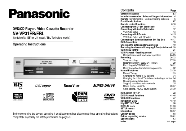 Cover of the Panasonic NV-VP31 UK operating instructions