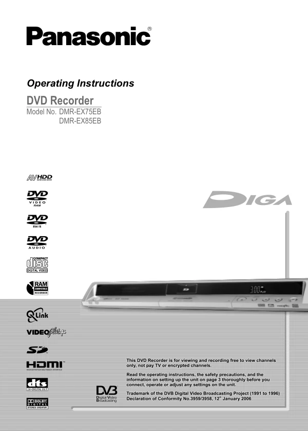 Cover of the Panasonic DMR-EX75 UK operating instructions