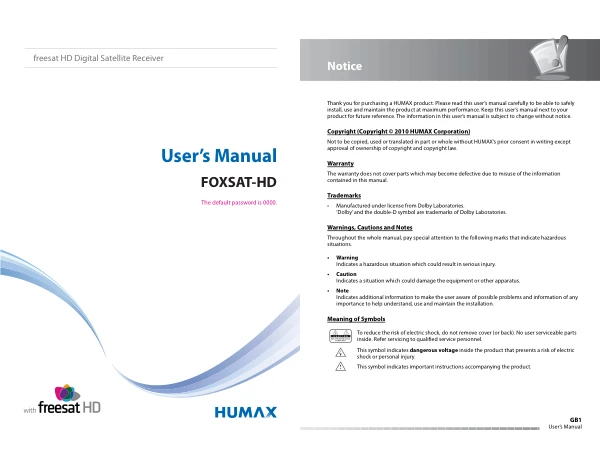 Cover of the Humax FOXSAT-HD UK operating instructions