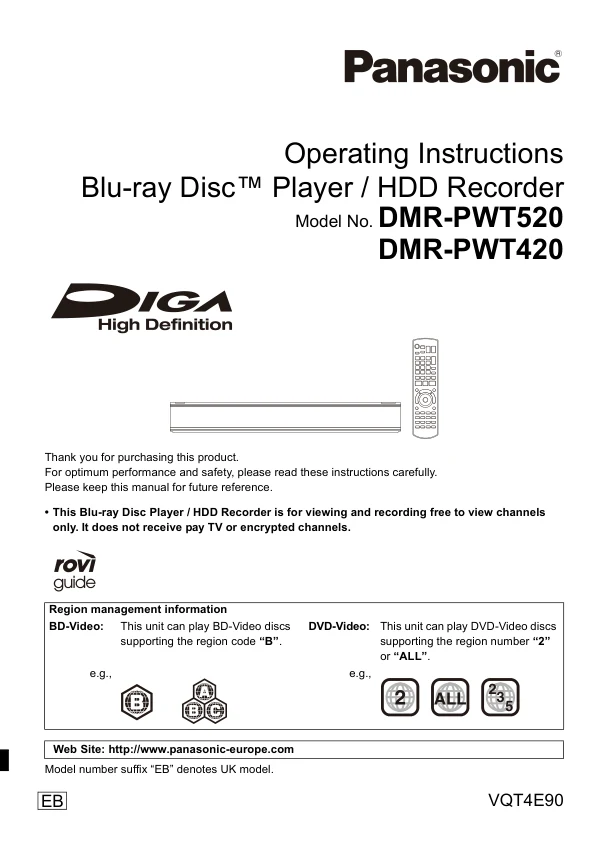 Cover of the Panasonic DMR-PWT520 UK operating instructions