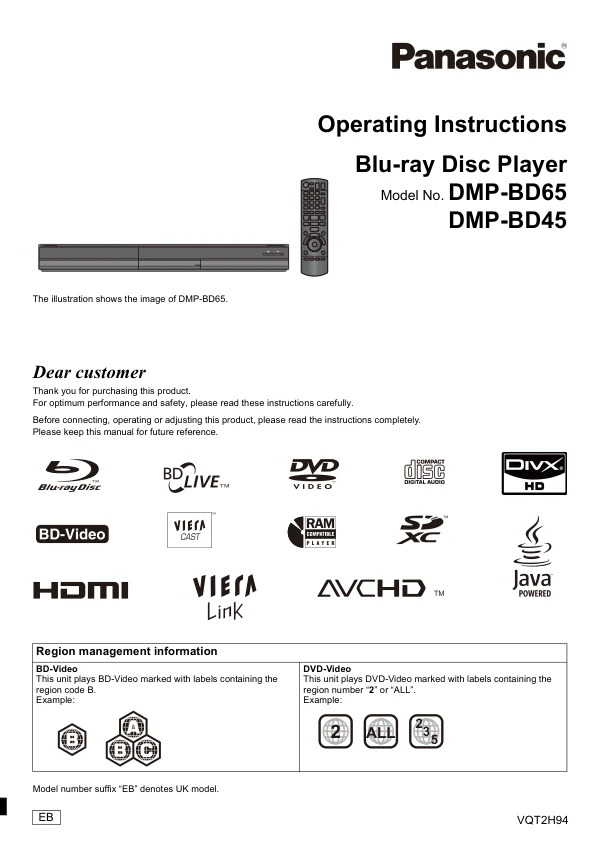 Cover of the Panasonic DMP-BD45 UK operating instructions