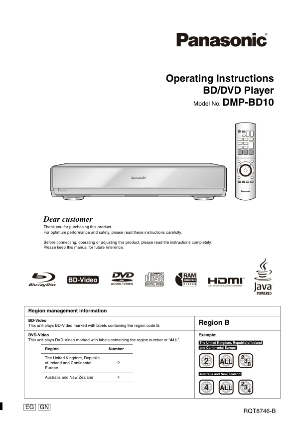Cover of the Panasonic DMP-BD10 UK operating instructions