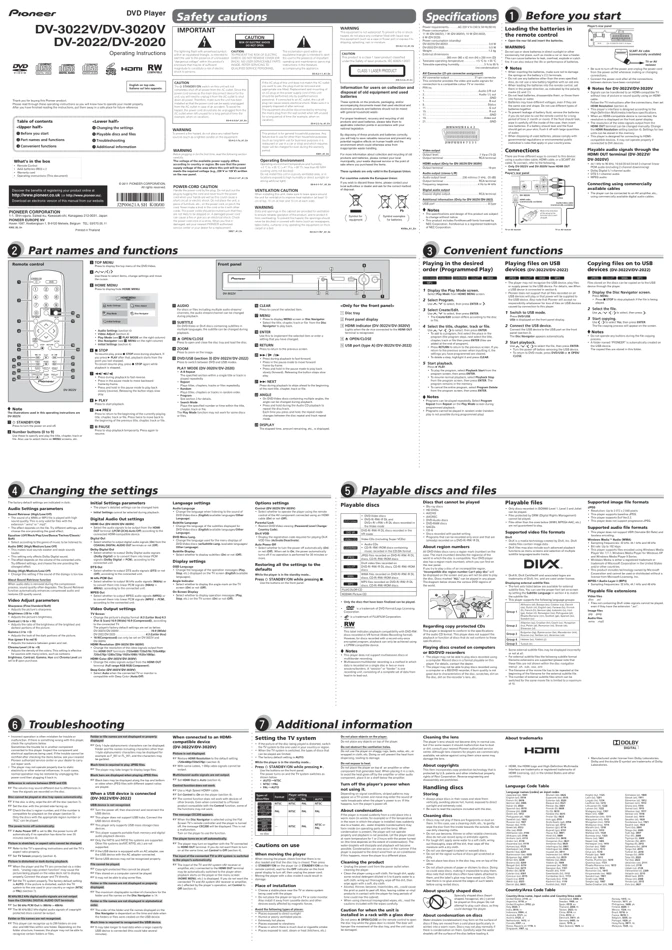 Cover of the Pioneer DV-3022V UK operating instructions
