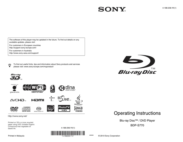 Cover of the Sony BDP-S770 UK operating instructions