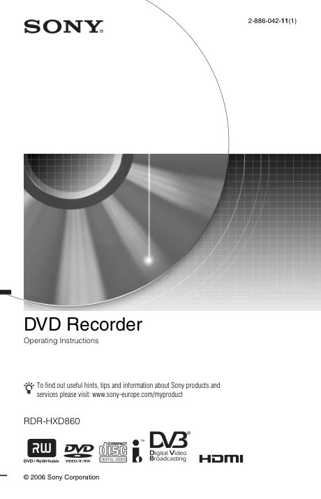 Cover of the Sony RDR-HXD860 UK operating instructions