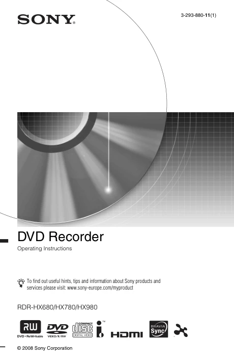 Cover of the Sony RDR-HX980 UK operating instructions