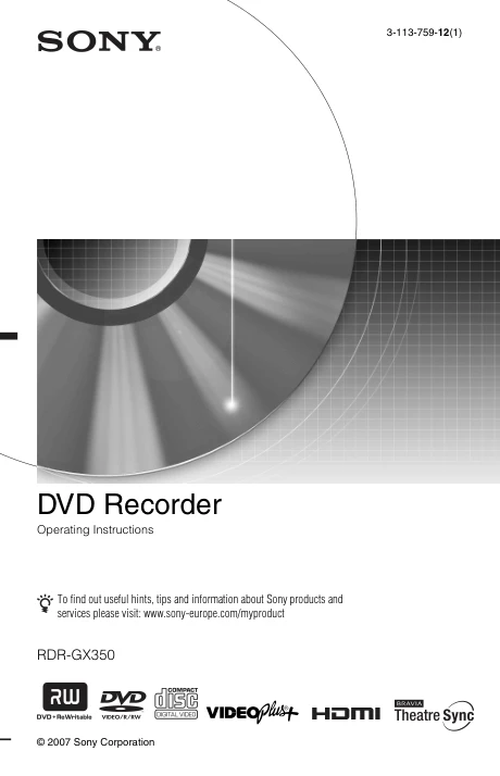 Cover of the Sony RDR-GX350 UK operating instructions