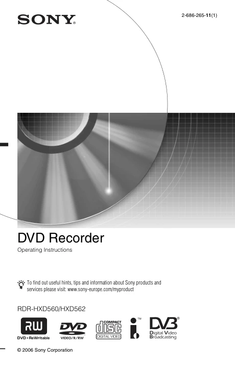 Cover of the Sony RDR-HXD562 UK operating instructions