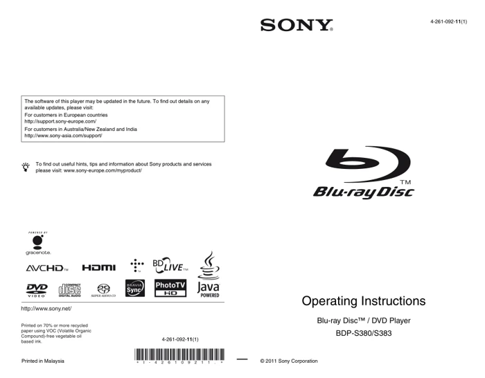 Cover of the Sony BDP-S383 UK operating instructions
