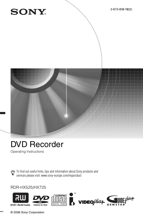 Cover of the Sony RDR-HX525 UK operating instructions