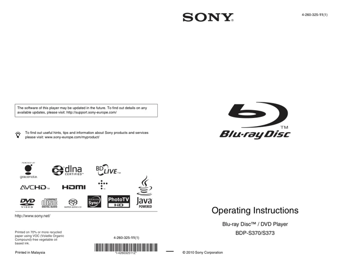 Cover of the Sony BDP-S373 UK operating instructions