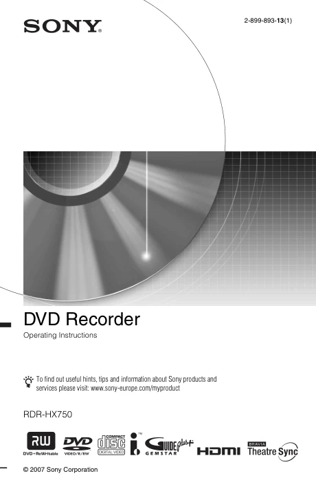Cover of the Sony RDR-HX750 UK operating instructions