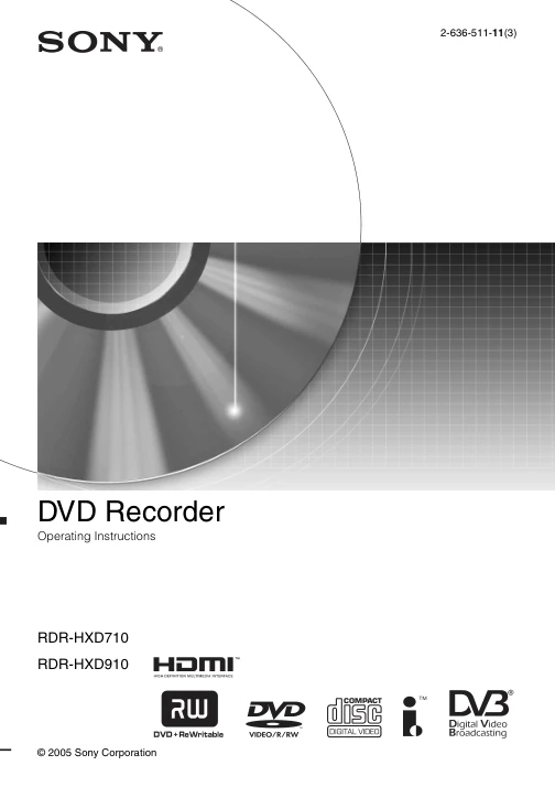 Cover of the Sony RDR-HXD910 UK operating instructions
