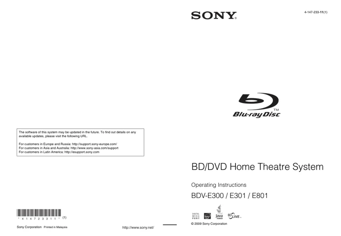 Cover of the Sony BDV-E300 UK operating instructions