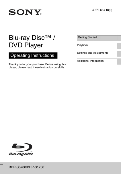 Cover of the Sony BDP-S1700 UK operating instructions
