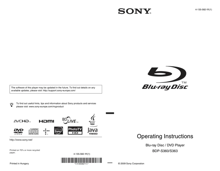 Cover of the Sony BDP-S363 UK operating instructions