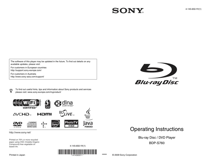 Cover of the Sony BDP-S760 UK operating instructions