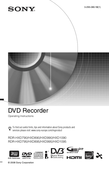 Cover of the Sony RDR-HXD790 UK operating instructions