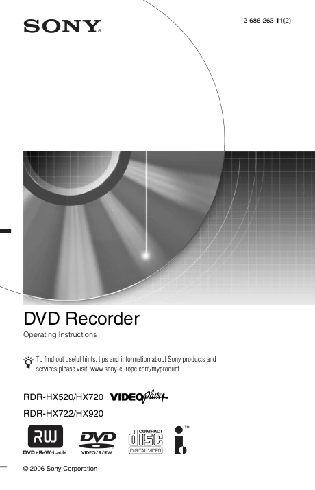 Cover of the Sony RDR-HX720 UK operating instructions