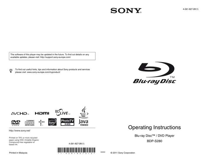 Cover of the Sony BDP-S280 UK operating instructions
