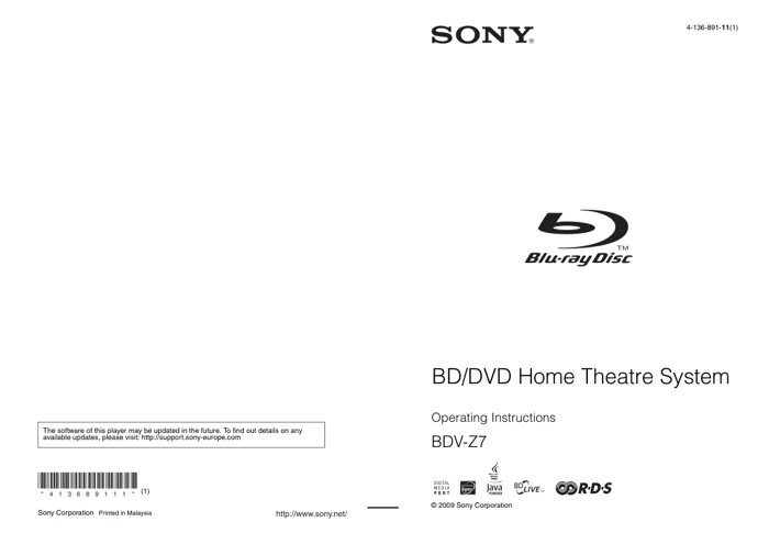 Cover of the Sony BDV-Z7 UK operating instructions