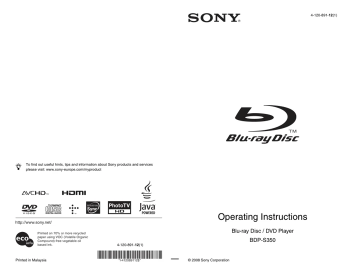 Cover of the Sony BDP-S350 UK operating instructions